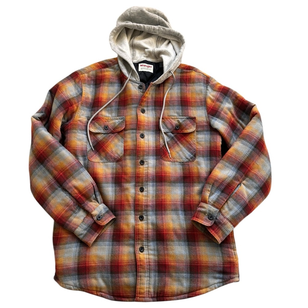 Wrangler Hooded Flannel Jacket Mens M Quilted Lined Plaid Shacket Workwear